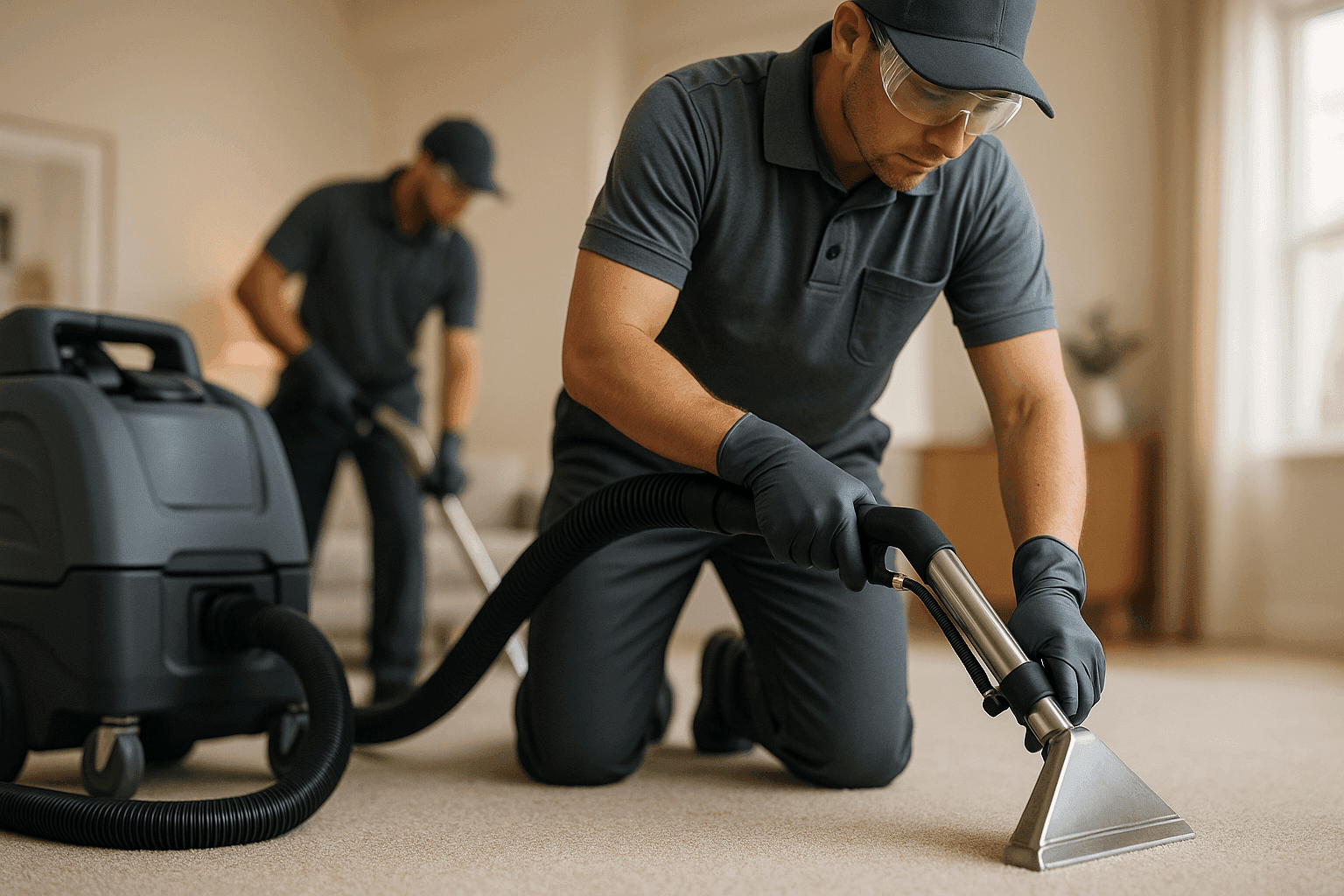 Two carpet cleaning workers in PPE operating equipment on a neutral carpet in a clean interior in Dot Lake Village
