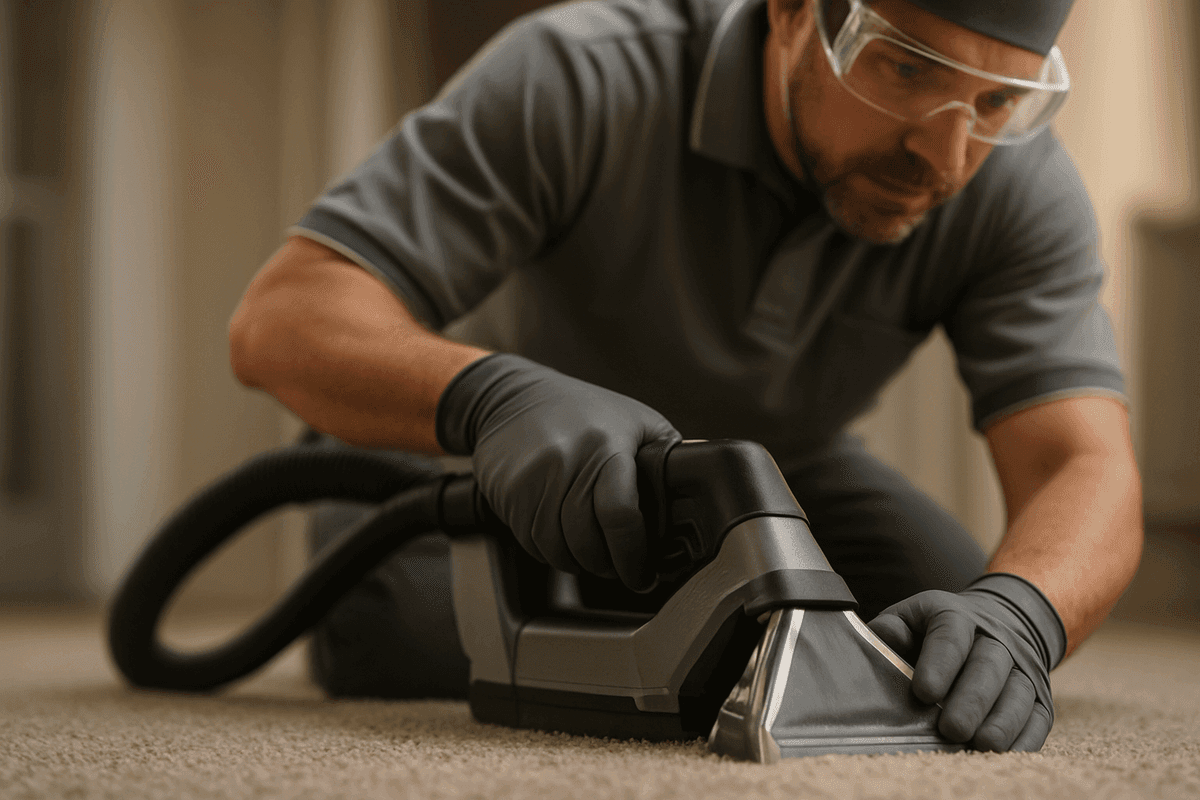 Close-up of gloved hands using carpet cleaning machine on plush carpet indoors in Dot Lake Village