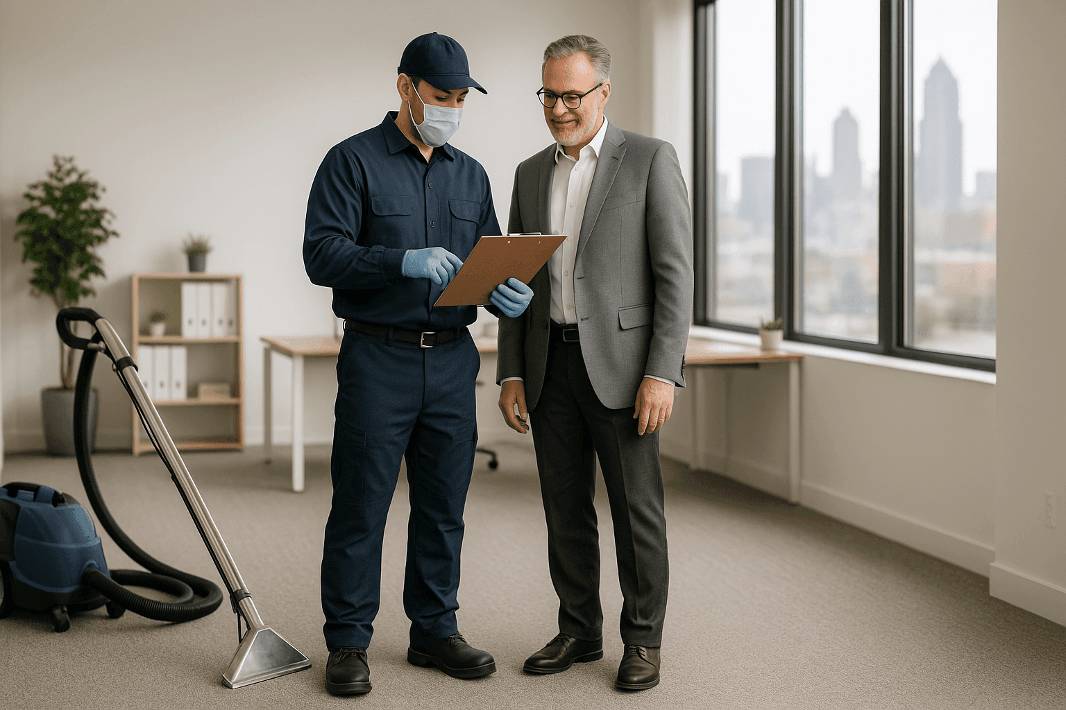 Professional carpet cleaner providing cost estimate to business owner in office